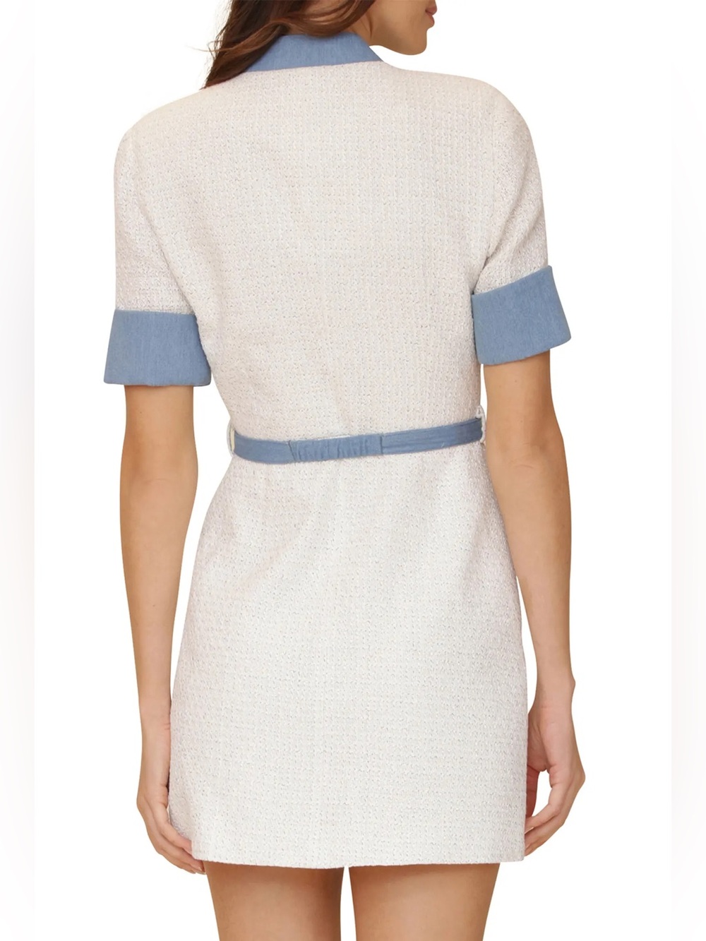 New Avec Les Filles Contrast Denim Tweed Mini Dress Ivory 8 M Preppy Quiet luxur - Picture 2 of 8